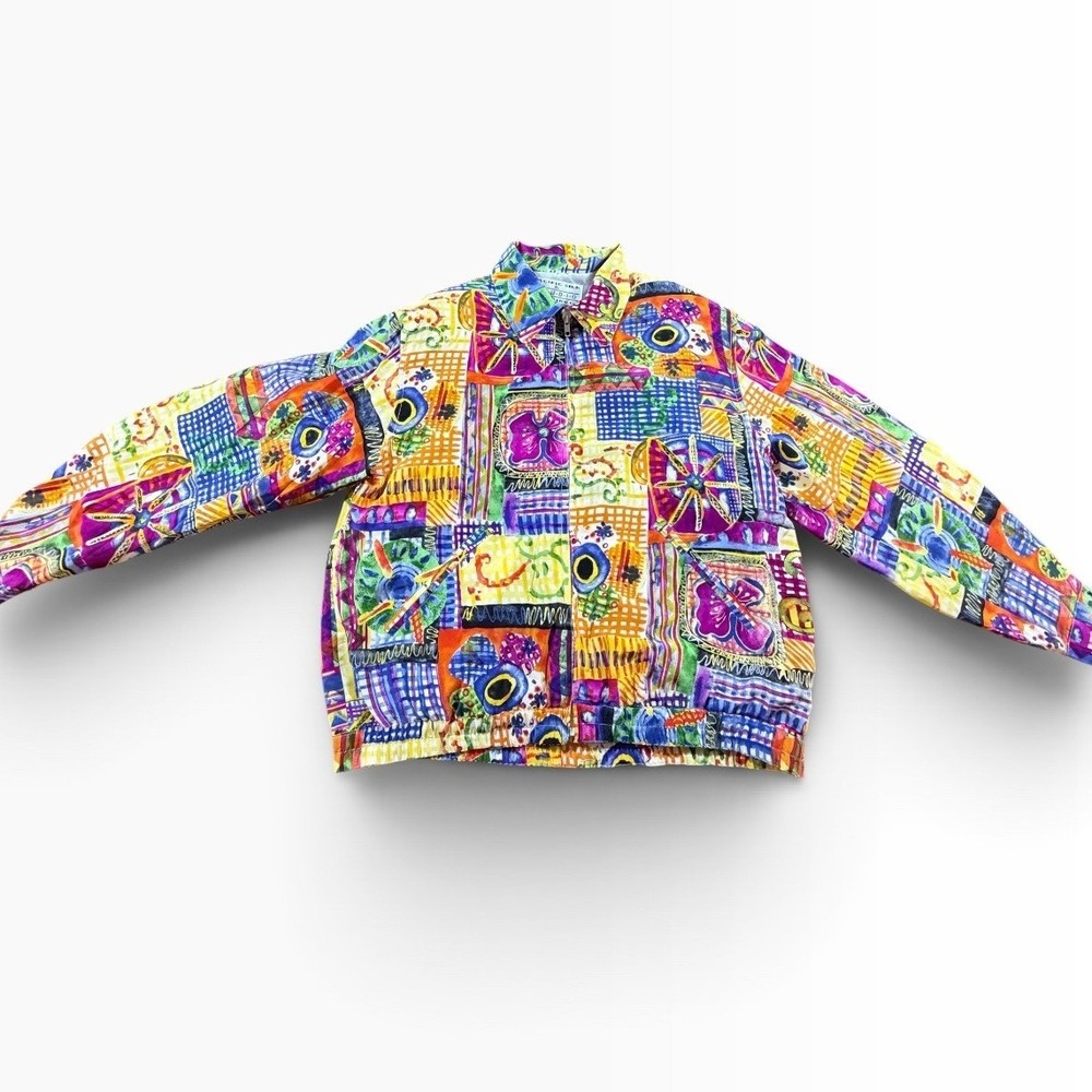 Vintage Pacific Silk Women Abstract Geometric Floral Print Silk Bomber Jacket M